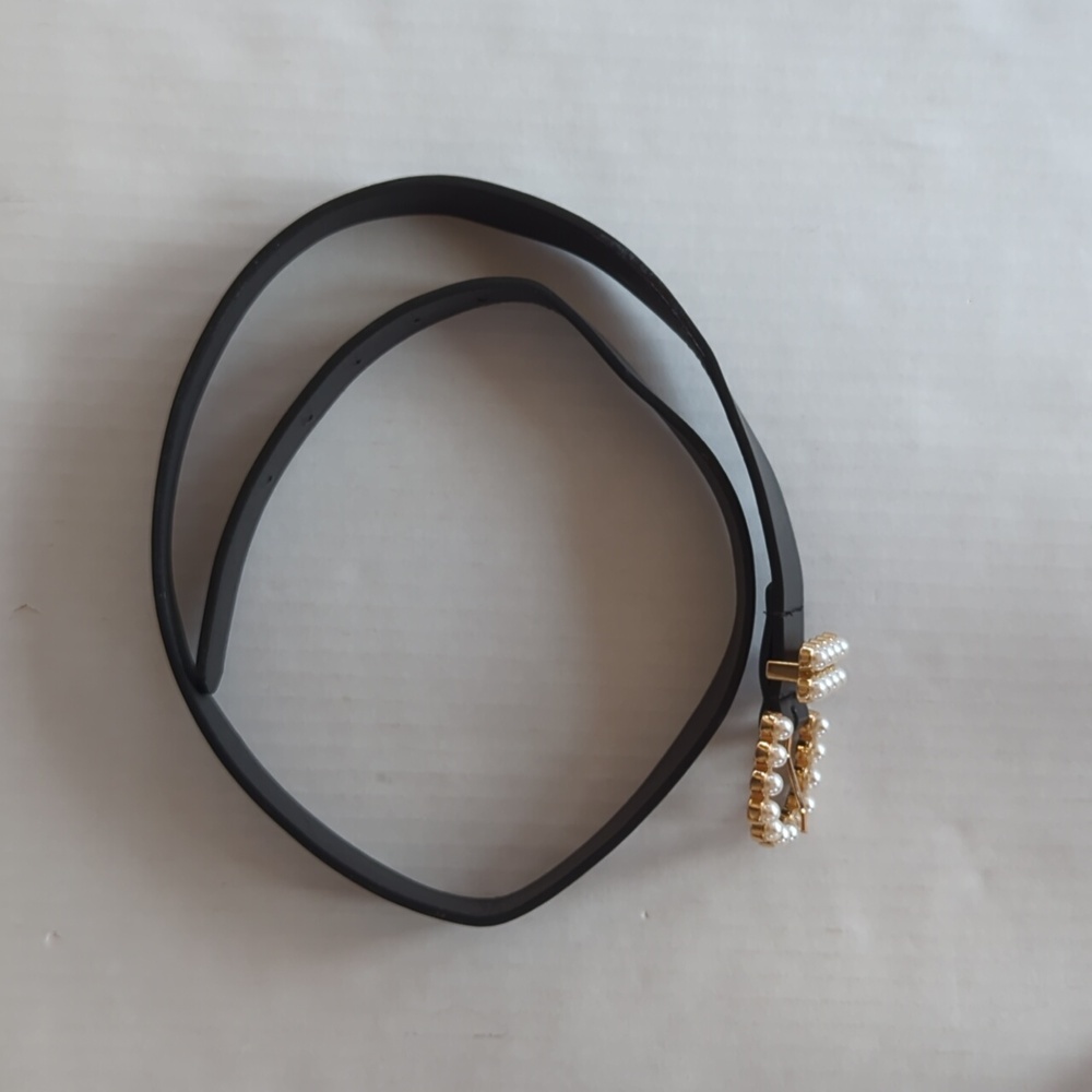 Faux Leather Belt with Elegant Pearl Gold Tone Buckle LARGE Black White Gold - Picture 13 of 16